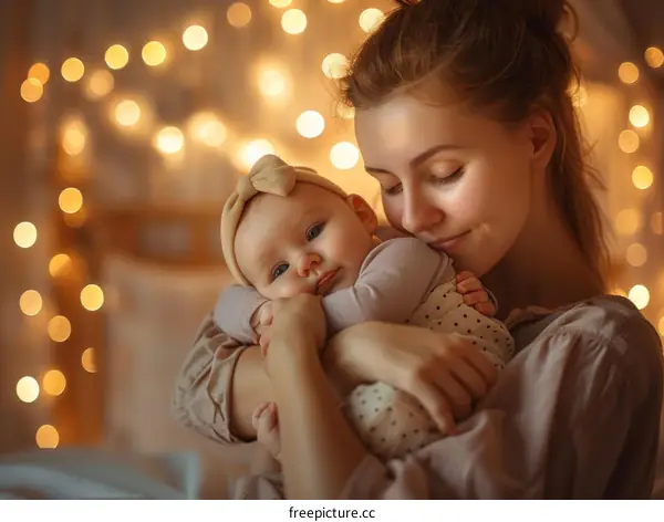 A mother is lovingly gazing at her baby girl