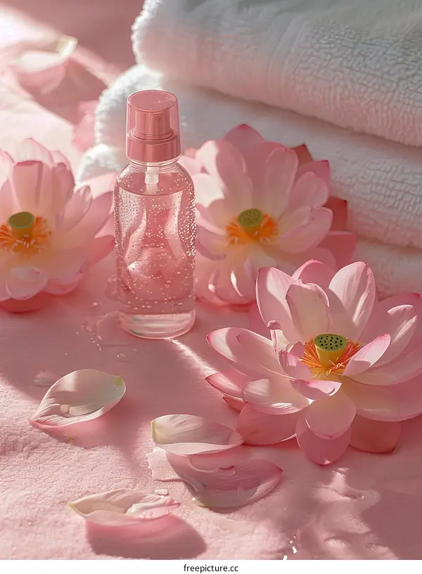 Close-up image of lotus flowers and a bottle of water with a spray nozzle
