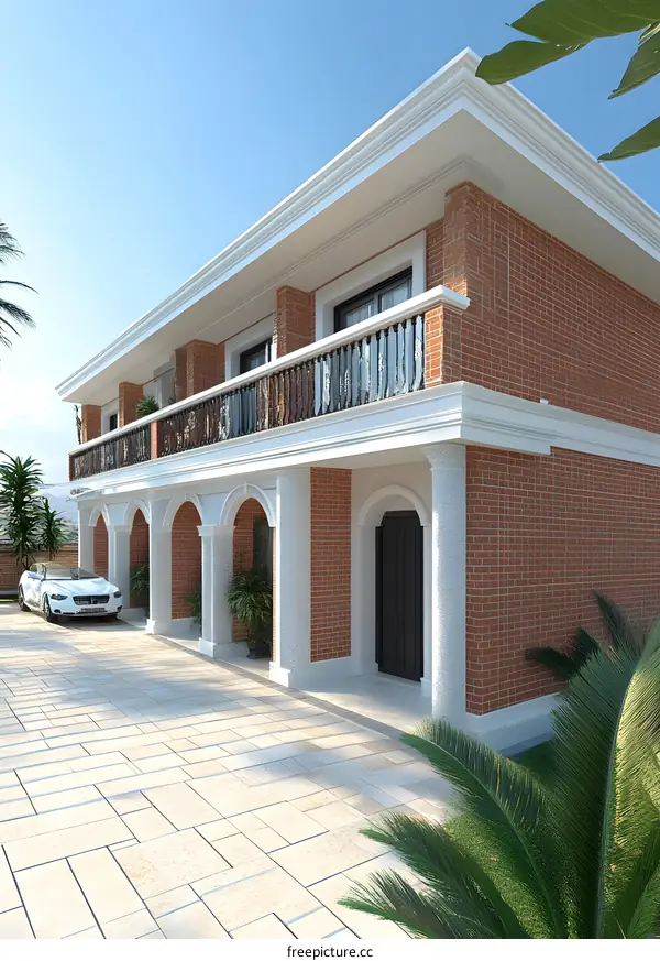 Modern Brick House with Balcony and Palm Trees