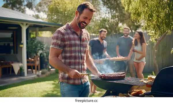 Smiling Man Grilling Food Outdoors With Friends