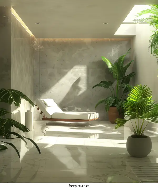 Sunlit room with green plants and a white chaise longue
