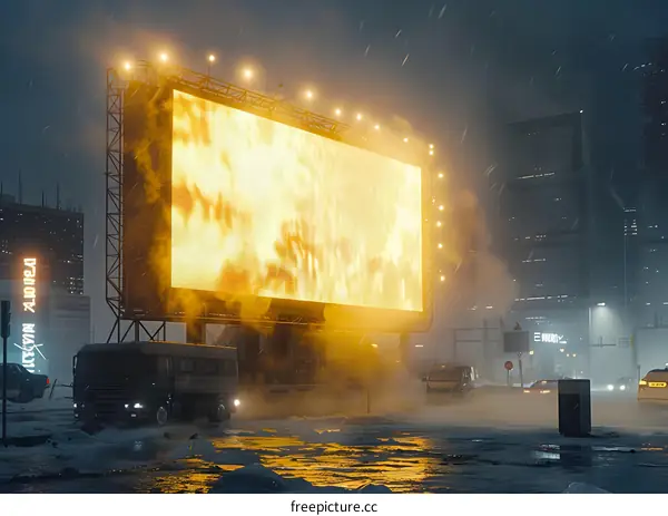 Digital Billboard on a Snowy Night in the City