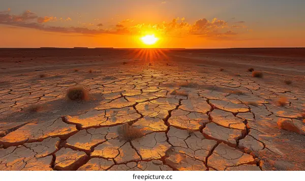 Arid desert landscape with setting sun