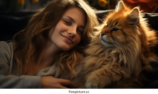 Smiling woman with a ginger cat