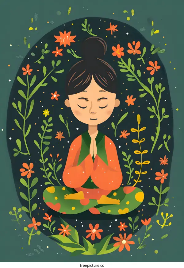 Woman Meditating Surrounded by Flowers