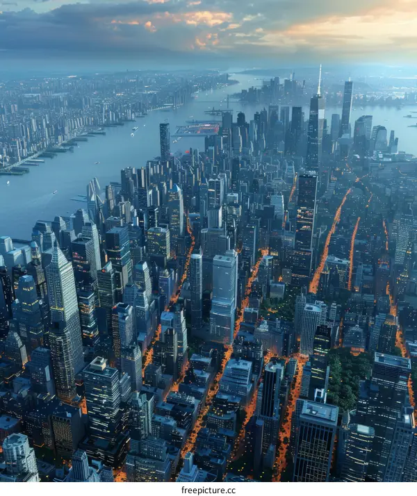 A Metropolis with Towering Skyscrapers and a River