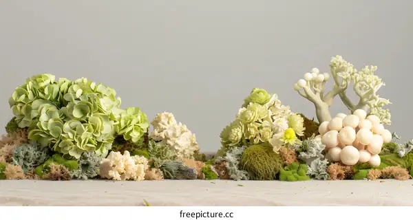 Green White Floral Arrangement on Mossy Base
