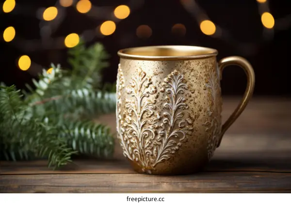ornate golden cup with christmas lights in the background