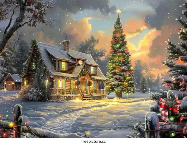 Christmas Cottage Under Snowy Winter Night Sky