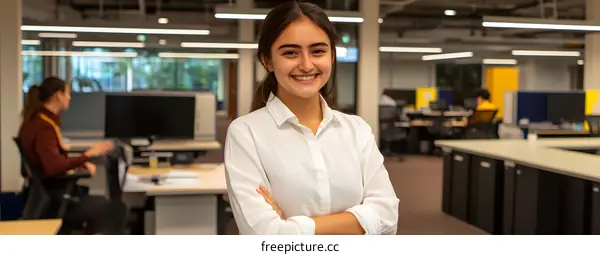 Smiling Young Woman in White Shirt in Office