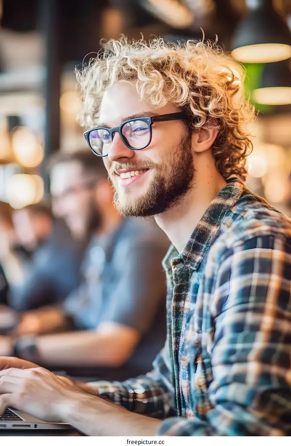 Smiling Man in Glasses Using Laptop in a Modern Office