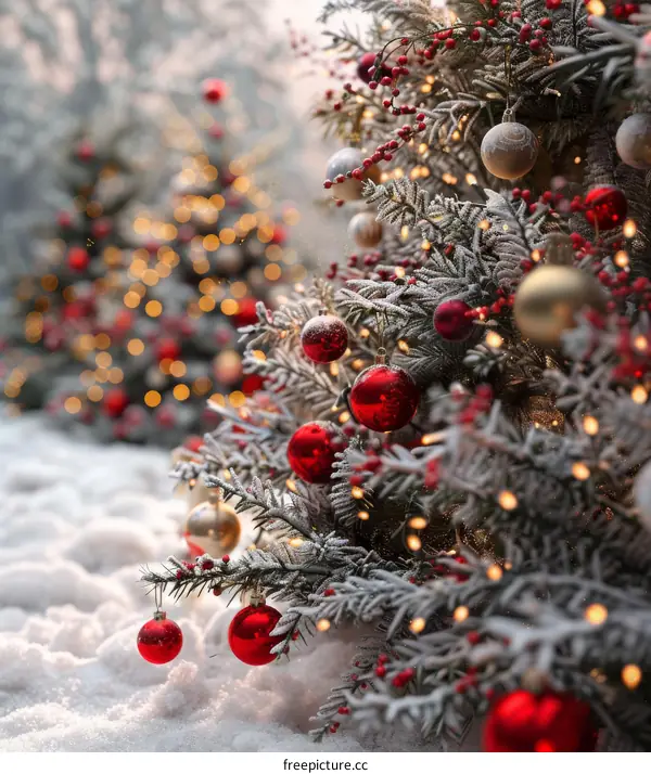 Snowy Christmas Trees Decorated with Lights and Ornaments