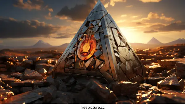 An illustration of a pyramid made of stone and metal with an orange glow from the inside