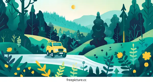 Yellow Car Driving Through Green Forest Illustration