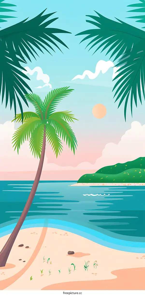 Tropical Beach Scene with Palm Trees and Blue Water