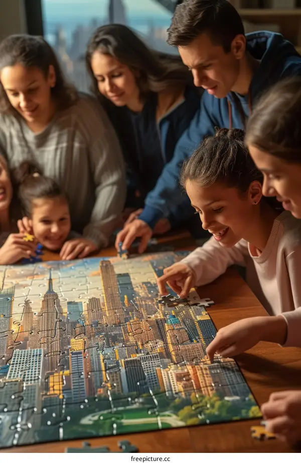 Family of seven putting together a puzzle of New York City
