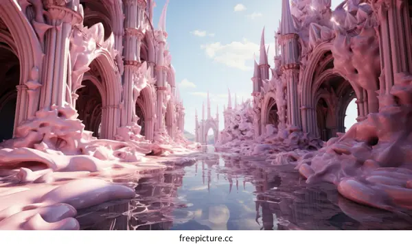 Surreal Pink Landscape with River and Gothic Ruins