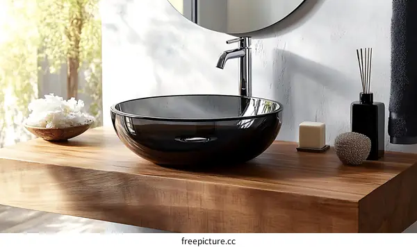 Modern Black Glass Bathroom Sink with Wooden Countertop