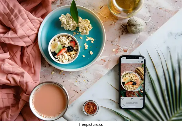 Breakfast with Oatmeal, Fruit, and Tea on Marble Background
