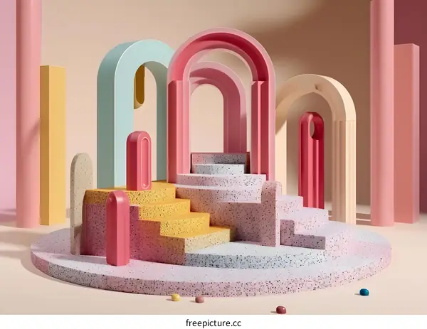 Abstract Minimalist 3D Render of Pastel Colored Archways and Platforms