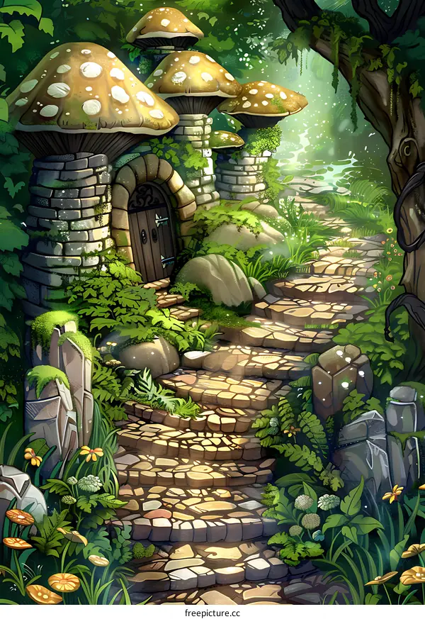 Stone Path Leading to a Mushroom House in a Lush Forest