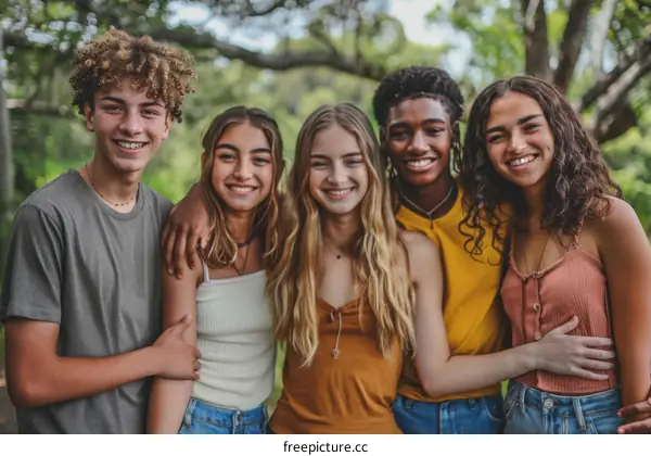 Portrait of a group of happy multi-ethnic teenage friends in nature