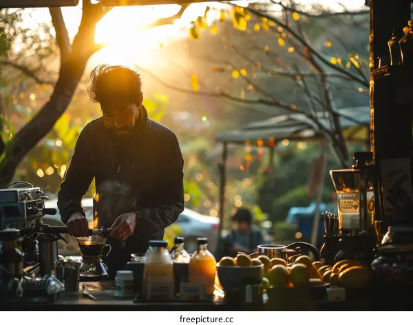 Asian man making pour over coffee in the morning