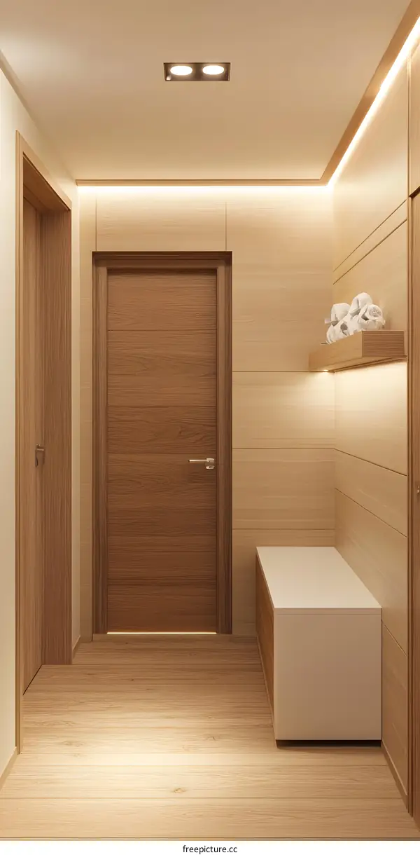 Modern Wooden Hallway Design With White Bench