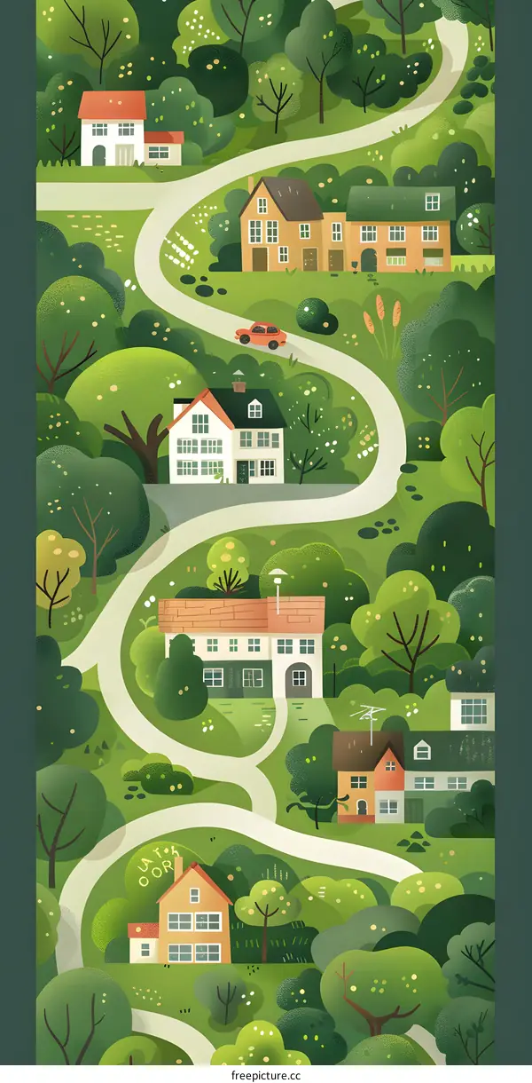 Illustration of a Winding Road Through a Green Forest with Houses