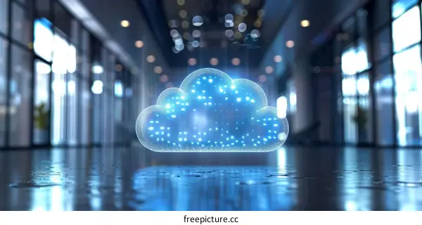 Blue translucent cloud computing illustration in an empty room