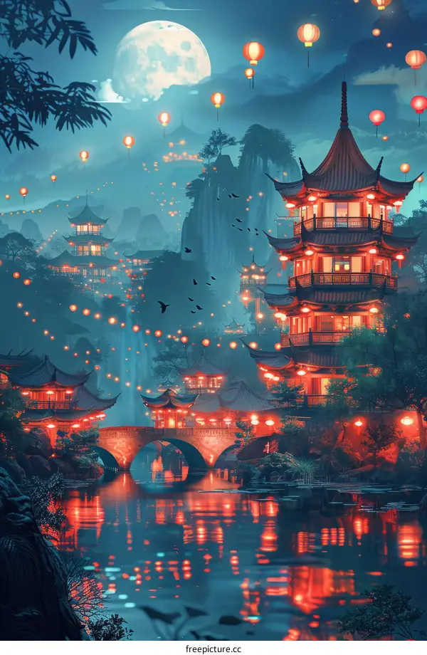 An oriental town with a river running through it and buildings on both sides