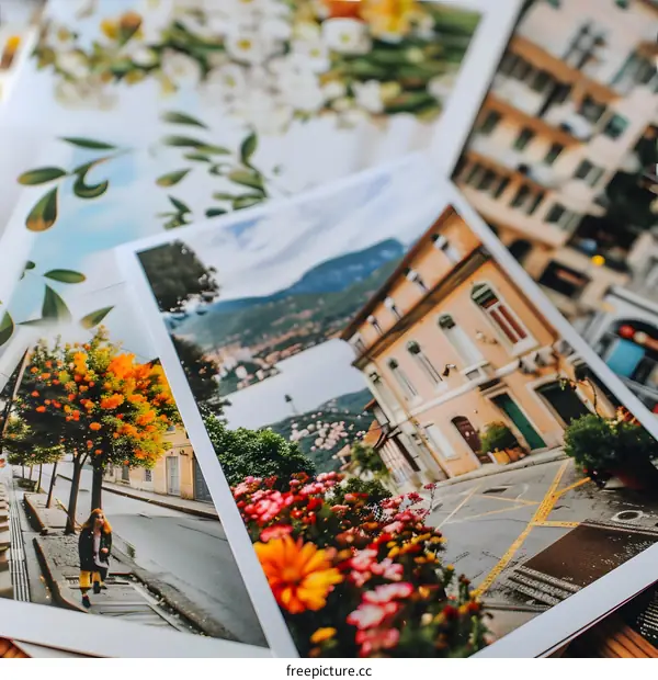 Colorful Travel Photos Stacked on Wooden Surface