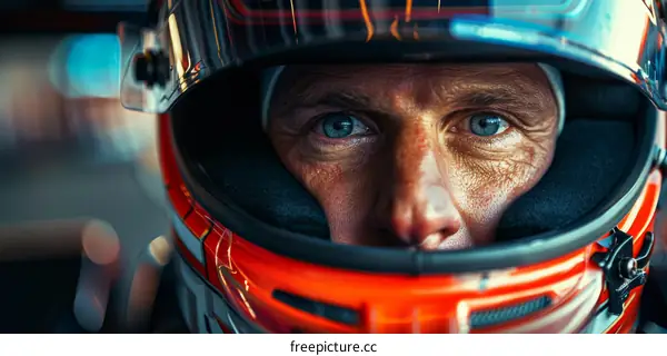 Close up of a male race car driver wearing a red and black helmet