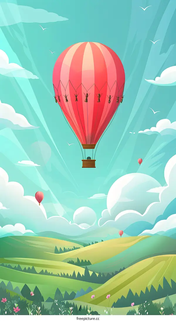 Hot Air Balloon Flying Over Green Hills and Blue Sky