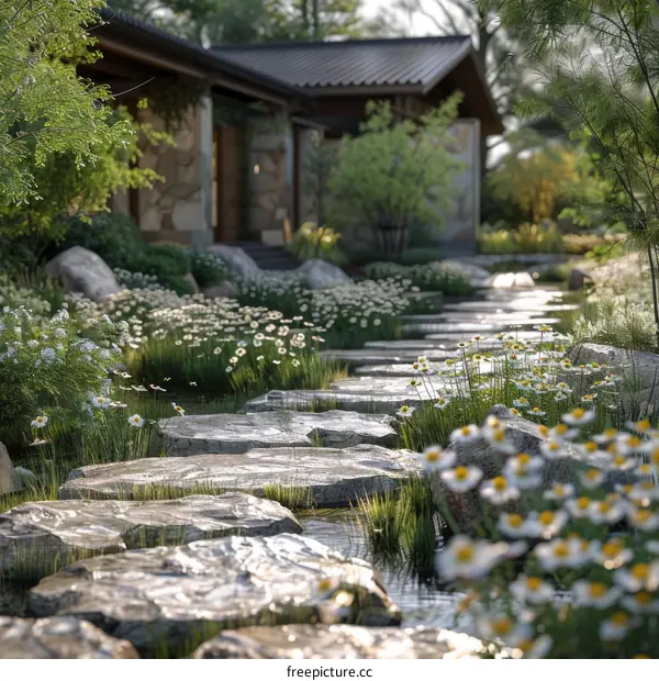 Peaceful Garden Pathway with Stone Steps and Flowers