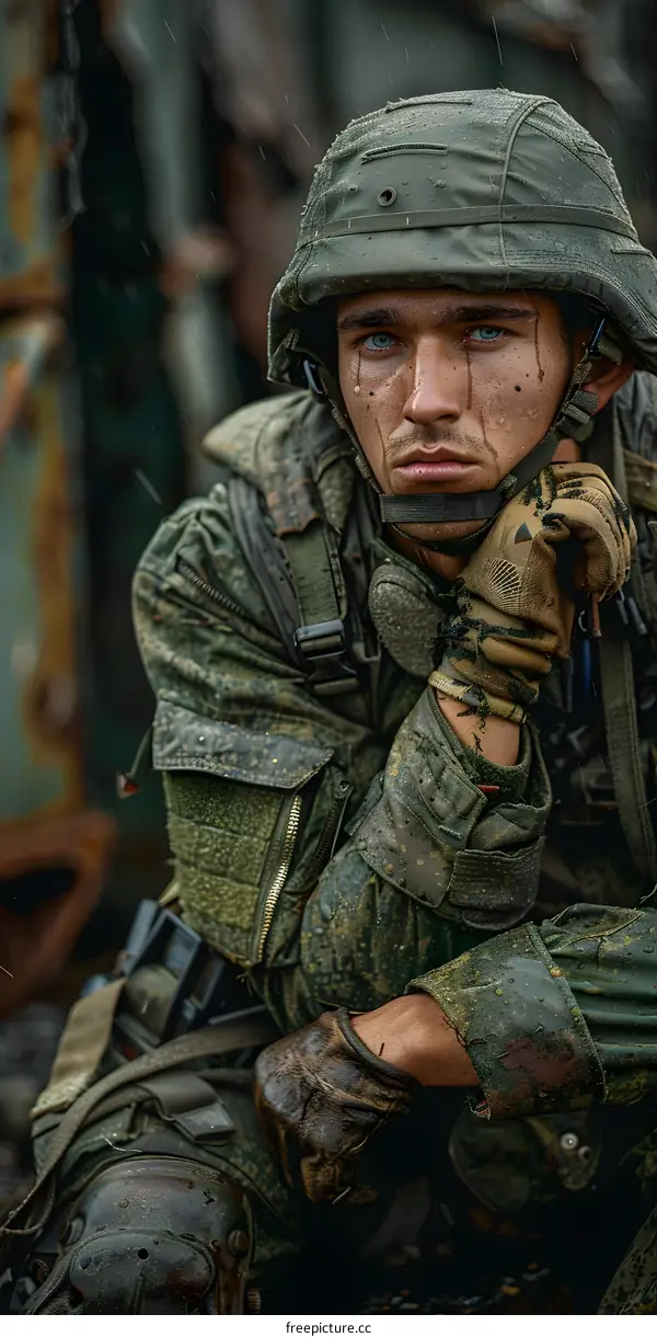 A soldier wearing a green helmet and camouflage uniform is sitting on the ground.