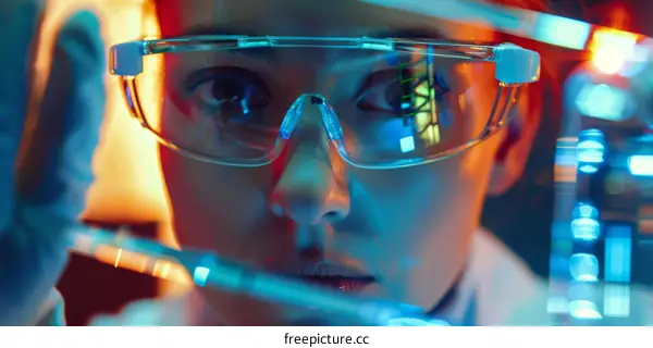 Close-up of a female scientist wearing safety glasses and working in a laboratory