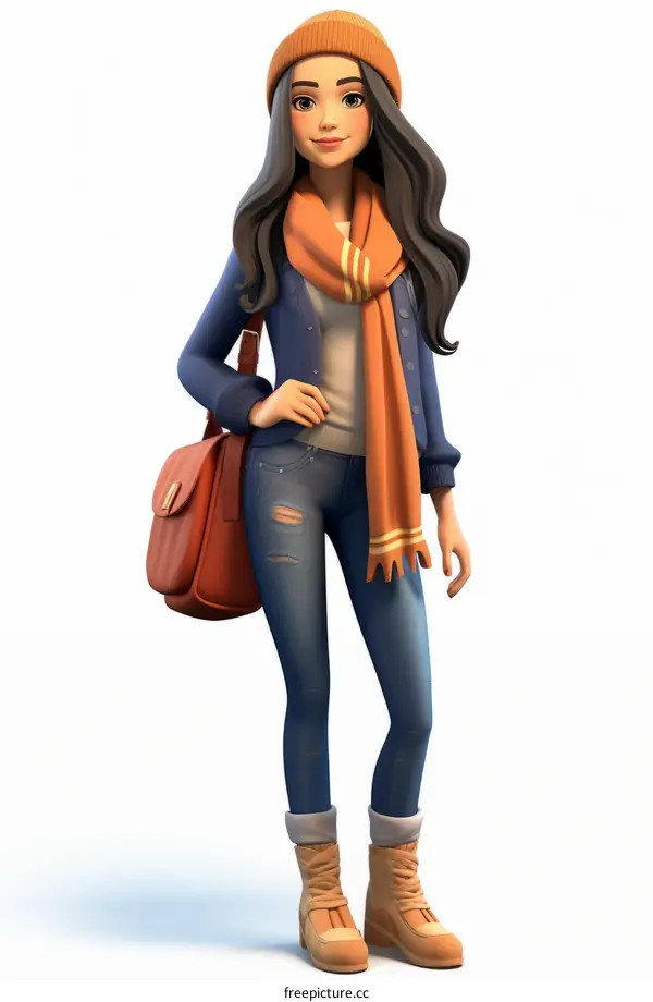 Young Woman Wearing Brown Beanie, Orange Scarf, Blue Denim Jacket, White Shirt, and Blue Jeans with Brown Bag