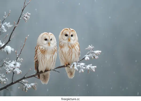 Two Snowy Owls on a Branch in Winter