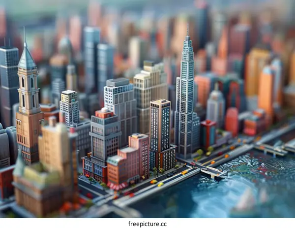 Small City Model with River and Buildings