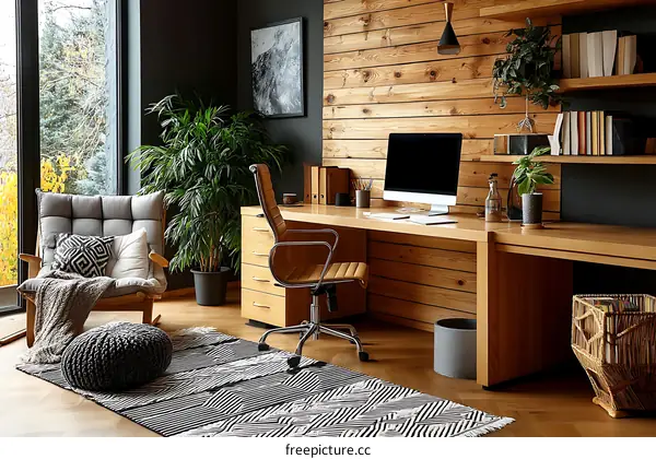 Cozy Modern Home Office with Wooden Accent Wall