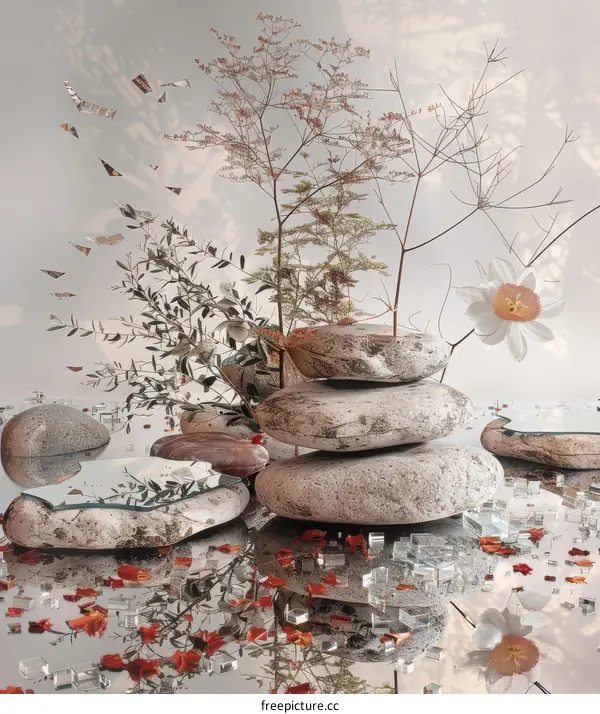 Still Life with Rocks, Plants, and a Flower