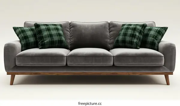 Modern Gray Sofa with Green Plaid Pillows