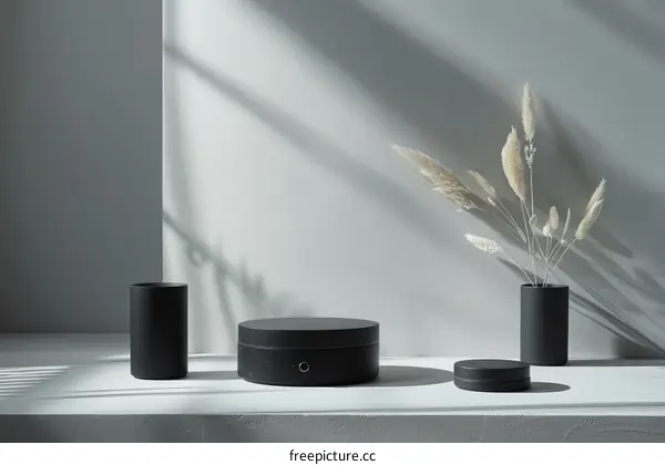 Black and White Still Life with Vase and Decorative Plants