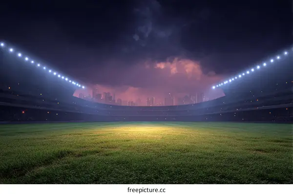 Empty Stadium at Night with Cityscape View