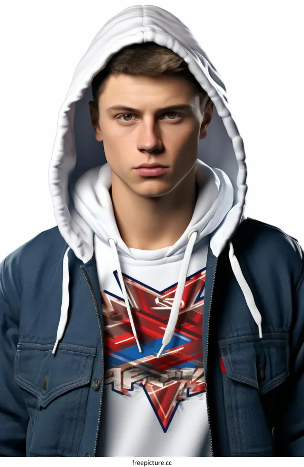 Portrait of a young man in a white hoodie and blue denim jacket