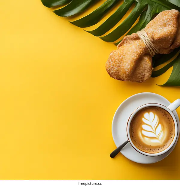 Tropical Coffee with Pastry and Green Leaf