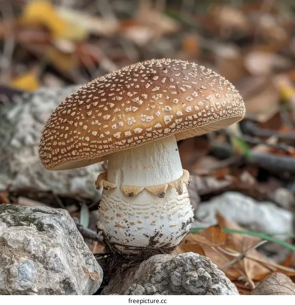 Brown Amanita Mushroom with White Spots on Its Cap
