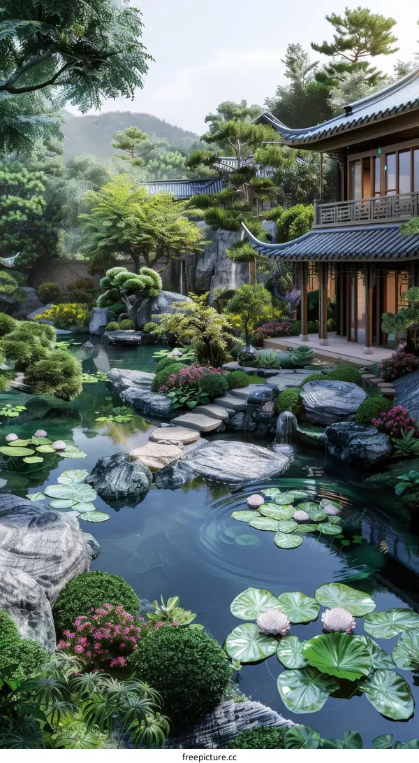 Chinese Courtyard Architecture in a Landscaped Garden Setting