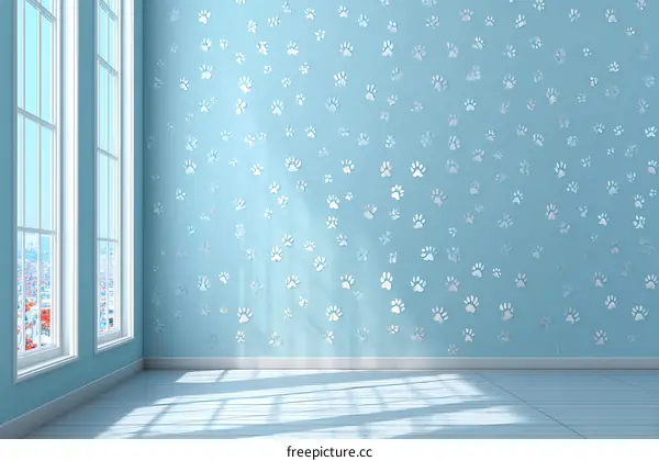 Empty Room with Light Blue Walls and Dog Paw Prints